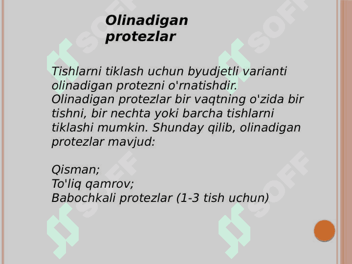 To'liq va qisman olib qo'yiluvchi protezlarni tanlash. To'liq olib qo'yiladigan tish protezlarini fiksasiyasini yaxshilidigan adgeziv moddalari. Abraziv xom ashyolari. Vrach-ortoped tomonidan yo'l qo'yiladigan deontologik, texnologik xato asoratlar. 4