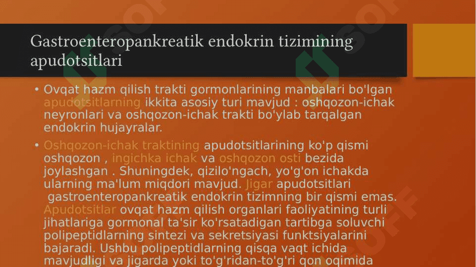Hazmlanish jarayonining endokrin boshqariluvi. Me'da ichak nayining endokrin hujayralari. 3
