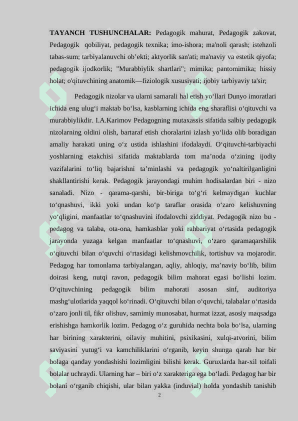 Pedagogik nizolar, ularni bartaraf etish usullari. Zamonaviy o‘qituvchi shaxsiga qo‘yilgan talablar 2