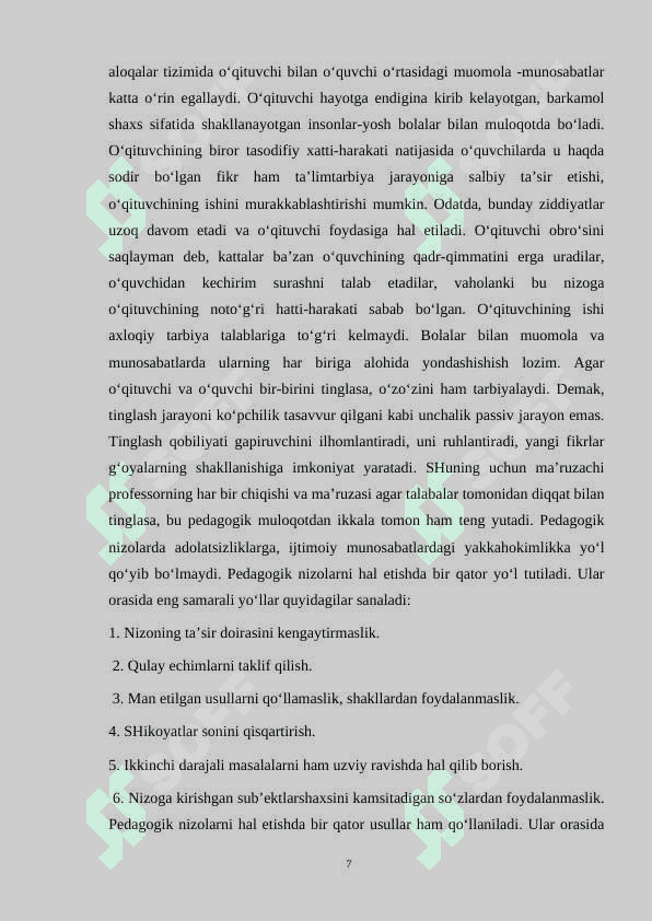 Pedagogik nizolar, ularni bartaraf etish usullari. Zamonaviy o‘qituvchi shaxsiga qo‘yilgan talablar 7