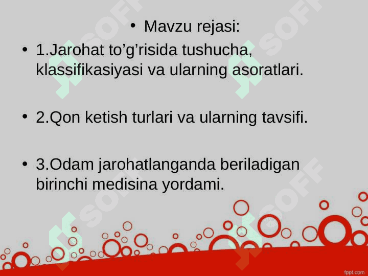 JAROHATLAR, KLASIFIKATSIYASI. JAROHATLANGANDA BIRINCHI YORDAM KO’RSATISH , ULARNING ASORATLARI VA OQIBATLARI BILAN KURASHISH JAROHATGA BJI BERIS 2
