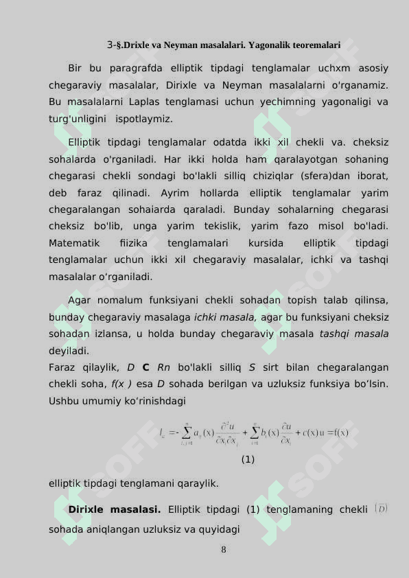 laplas tengamasi uchun Dirixle va Neyman masalalar. Grin funksiyasi 8