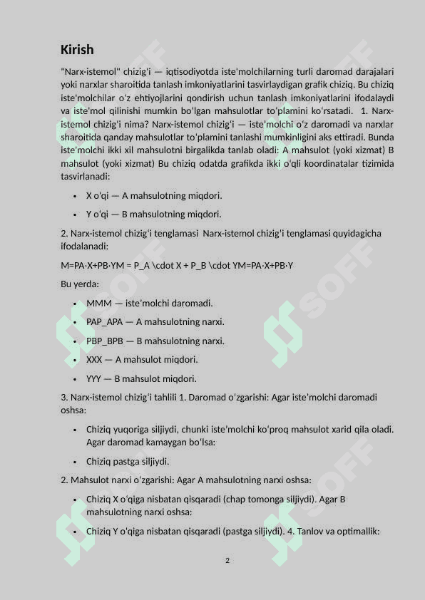 ,,Narx-istemol’’ chizig’i va uning tahlili. 2