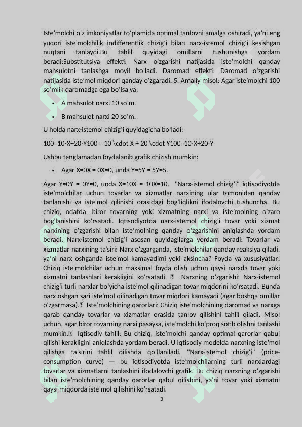 ,,Narx-istemol’’ chizig’i va uning tahlili. 3