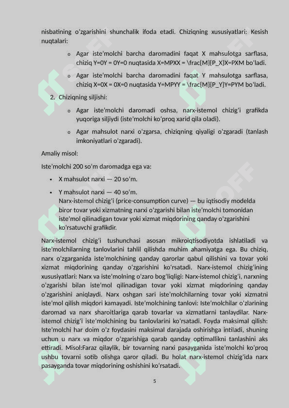 ,,Narx-istemol’’ chizig’i va uning tahlili. 5