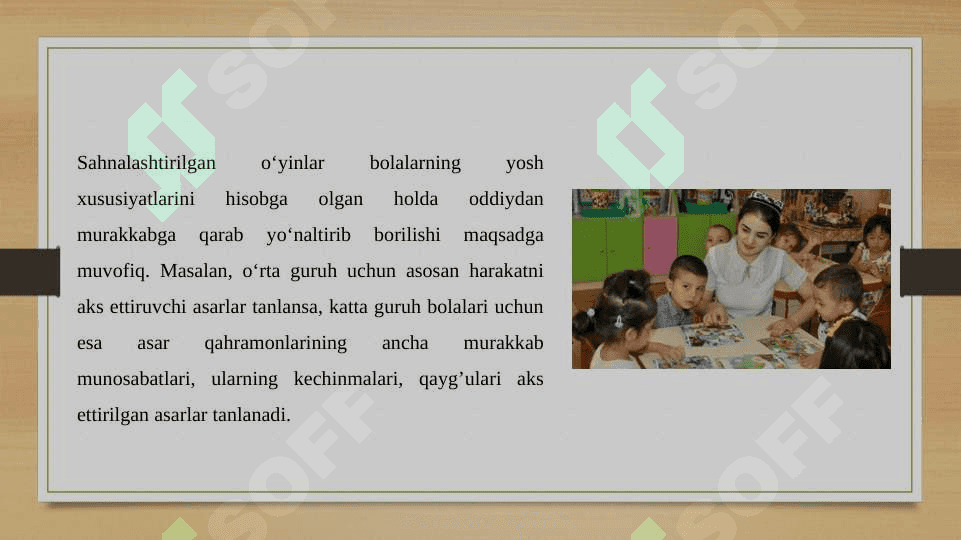 Maktabgacha ta’lim tashkilotida sahnalashtirish faoliyatini tashkil qilishda tarbiyachining o’rni slayd 2