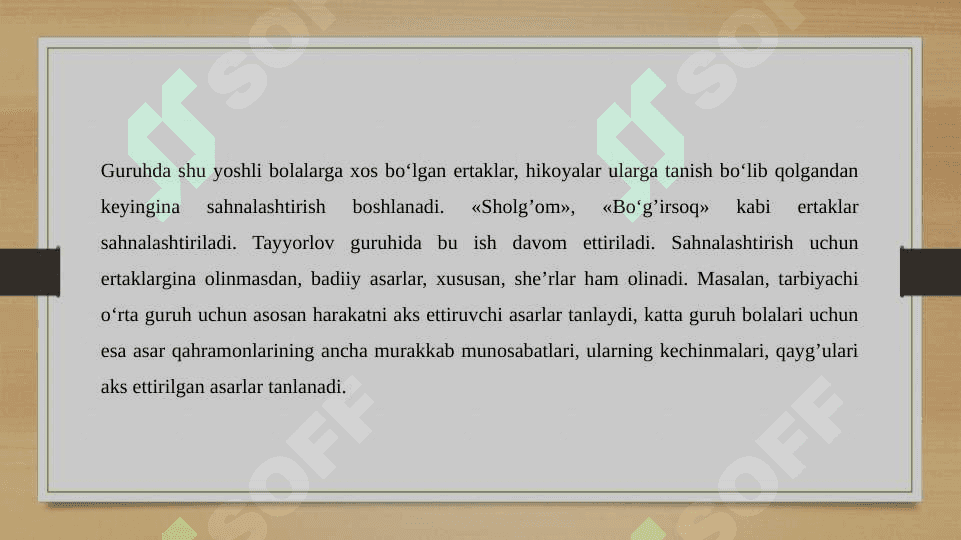 Maktabgacha ta’lim tashkilotida sahnalashtirish faoliyatini tashkil qilishda tarbiyachining o’rni slayd 3