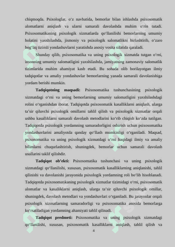 Psixosomatika tushunchasi va psixologik xizmatda tutgan o’rni 4