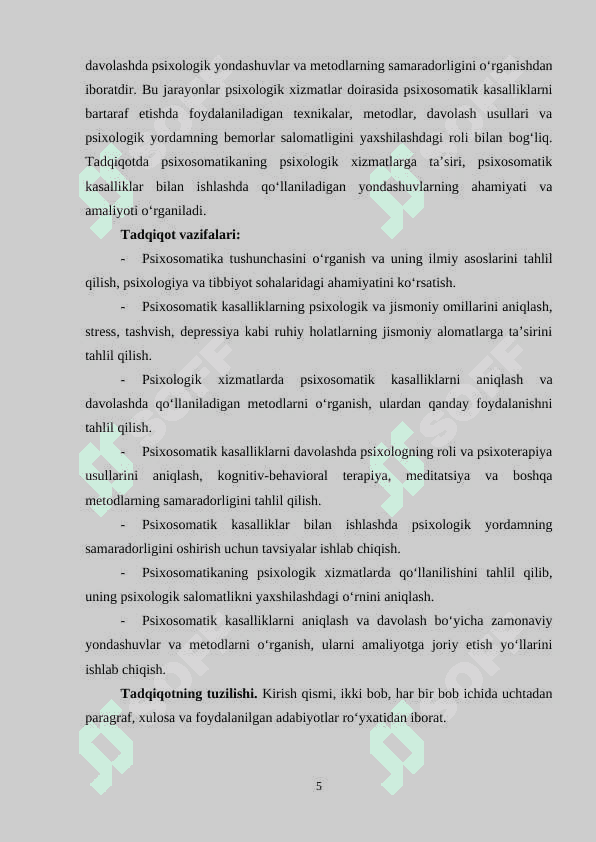 Psixosomatika tushunchasi va psixologik xizmatda tutgan o’rni 5