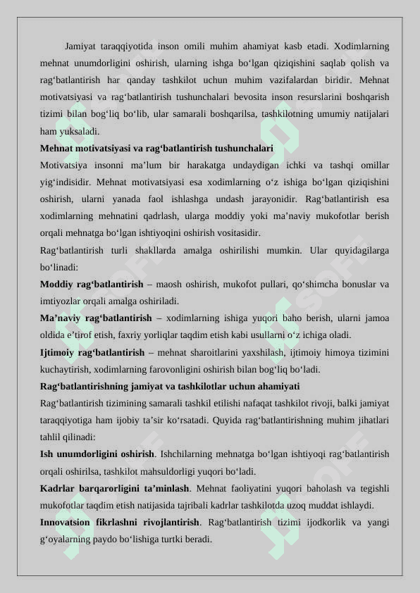 Mehnat uchun rag’batlantirish tushunchasi. 2