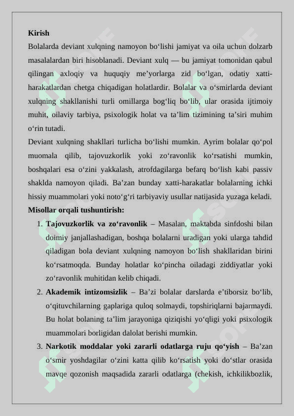 Bolalarda deviant xulqning namoyon bo'lish shakllari 2