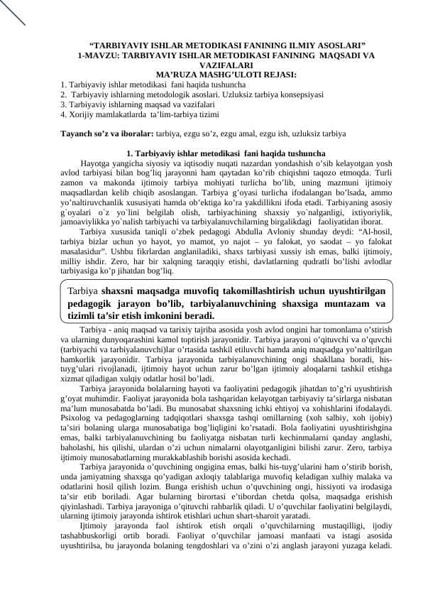 TARBIYAVIY ISHLAR METODIKASI FANINING ILMIY ASOSLARI