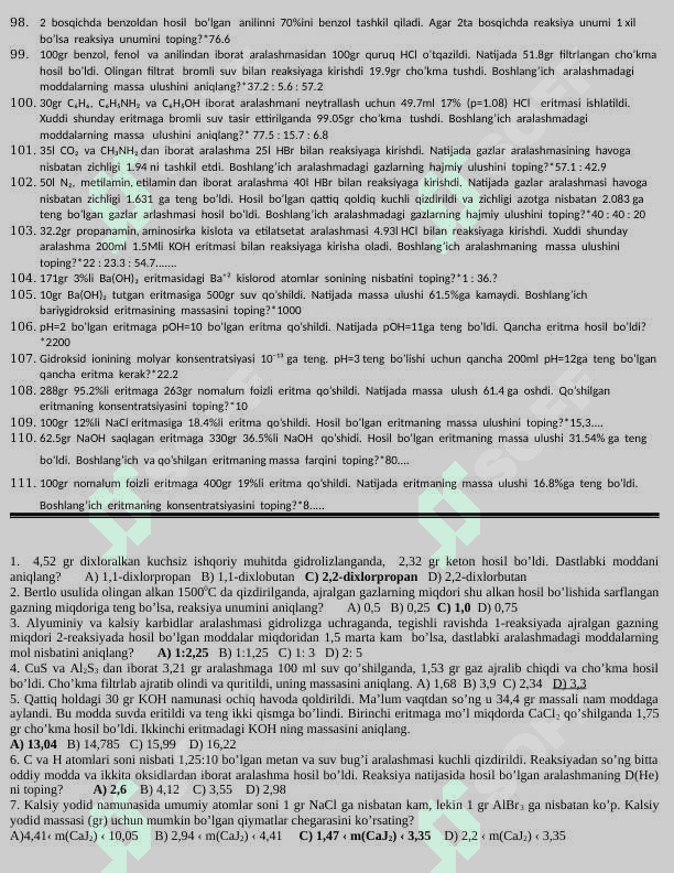 KIMYO fanidan savol javoblar 4