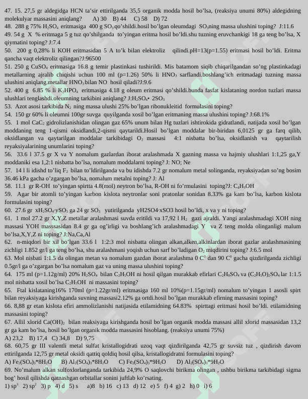 KIMYO fanidan savol javoblar 7