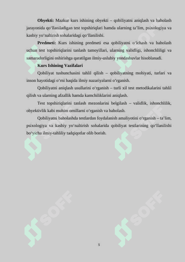 Qobiliyatni o'rganish test topshiriqlarni tanlash 5
