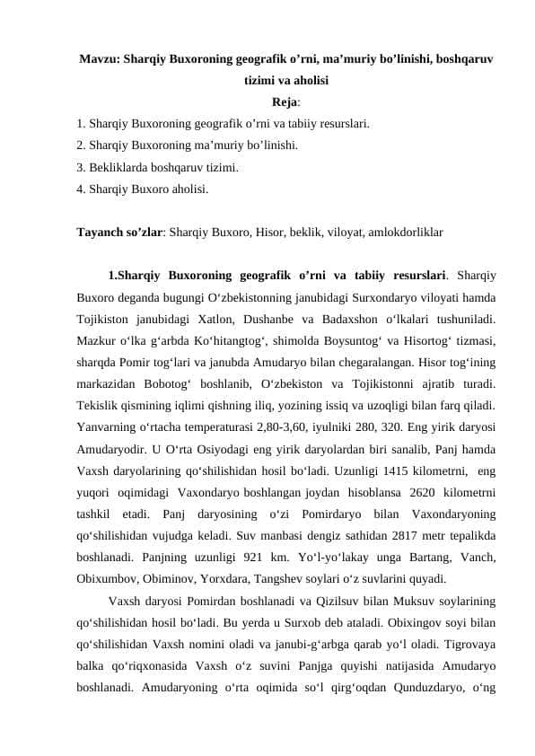 Sharqiy Buxoroning geografik o’rni, ma’muriy bo’linishi, boshqaruv tizimi va aholisi