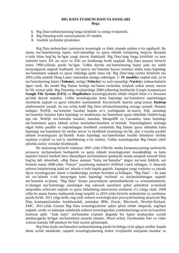 BIG DATA TUSHUNCHASI VA ASOSLARI