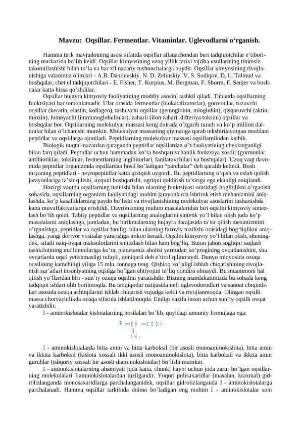Oqsillar. Fermentlar. Vitaminlar. Uglevodlarni o‘rganish