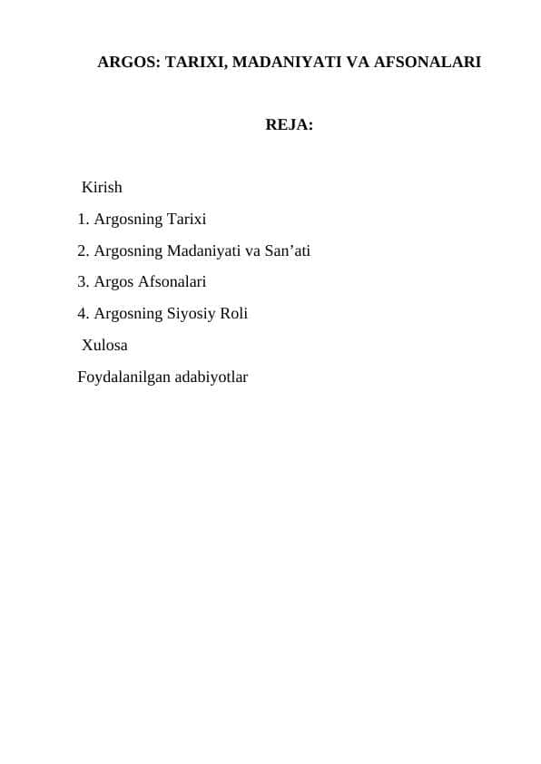 ARGOS TARIXI, MADANIYATI VA AFSONALAR 1