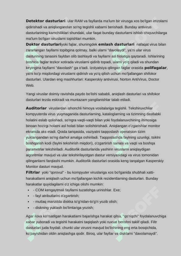 ANTIVIRUS DASTURLARI TURLARI VA ULARNING XUSUSIYATLARI. ANTIVIRUSLAR 2