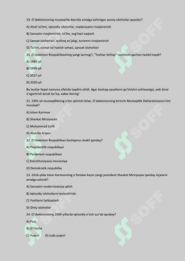 O‘zbekistonning Eng Yangi Tarixi – 200 Talik Test To‘plami 4