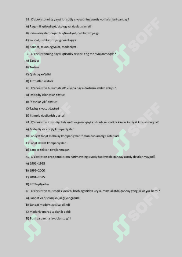 O‘zbekistonning Eng Yangi Tarixi – 200 Talik Test To‘plami 7