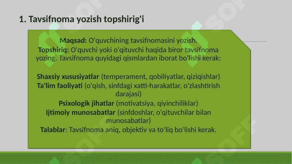 O`qituvchi nutqining janri sifatidagi xarakteristikalar .Tavsifnoma yozish mahorati .Tavsifnoma yozishning o`ziga xos talabalari . 7