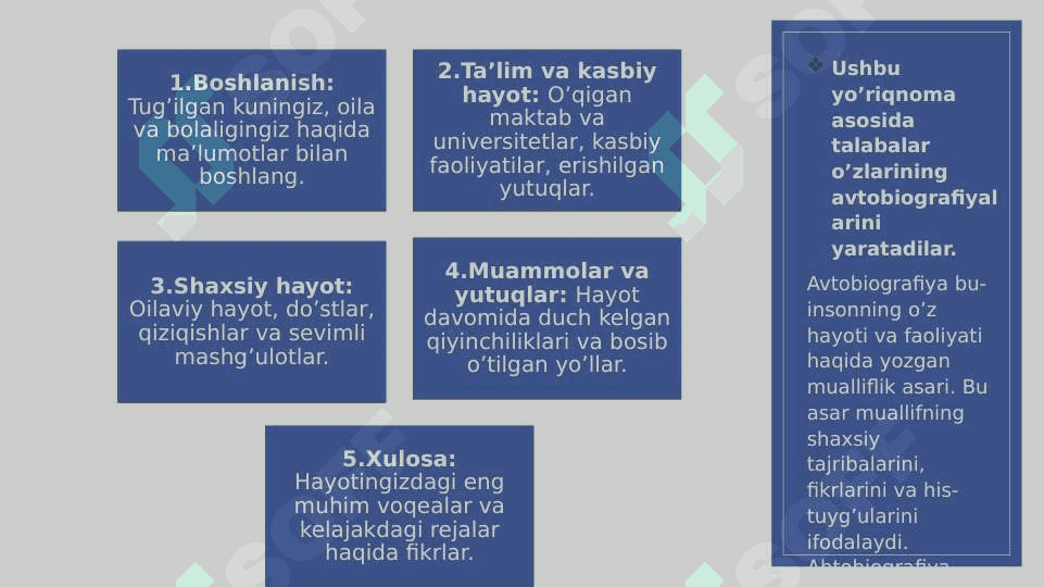 Avtobiografiya haqida tushuncha .Avtobiografiya yozishning o`ziga xosligi. 4