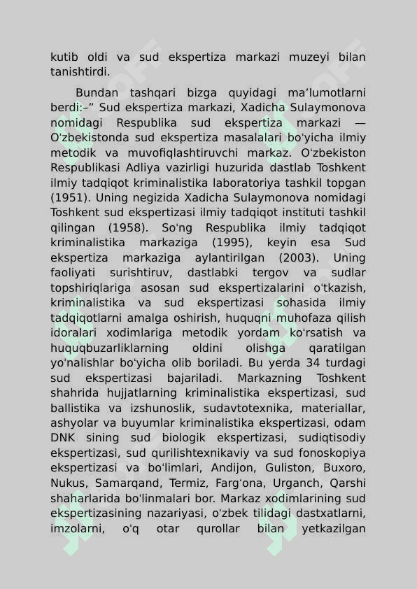 TOSHDO‘TAU O‘zbek filologiyasi fakulteti amaliy filologiya yo’nalishi talabasi tanishuv amaliyotini o’tash vaqtida X.Sulaymonova nomidagi Respublika sud ekspertiza o’tagan amaliyotidan 2