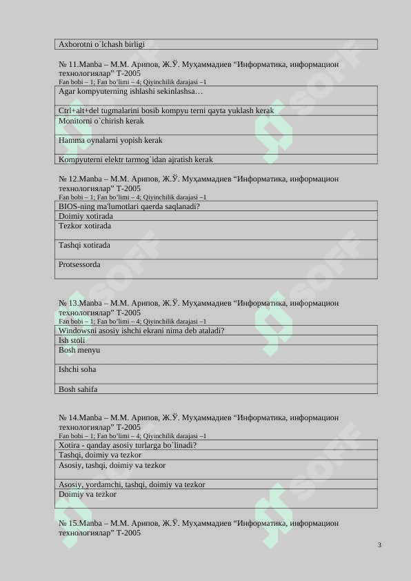informatika-axborot texnologiyalari fanidan test 3