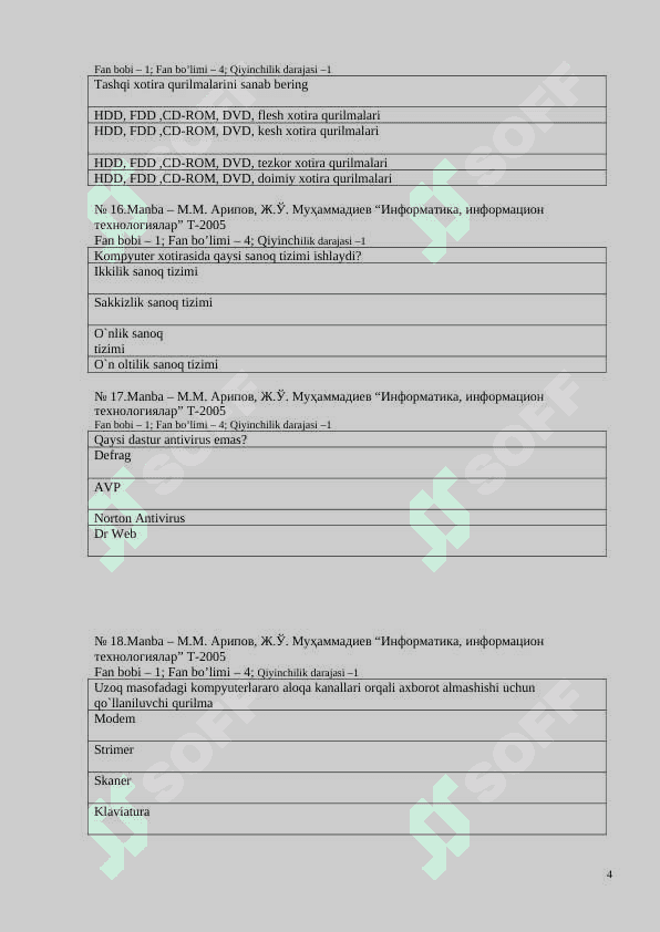 informatika-axborot texnologiyalari fanidan test 4