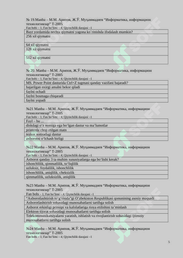 informatika-axborot texnologiyalari fanidan test 5