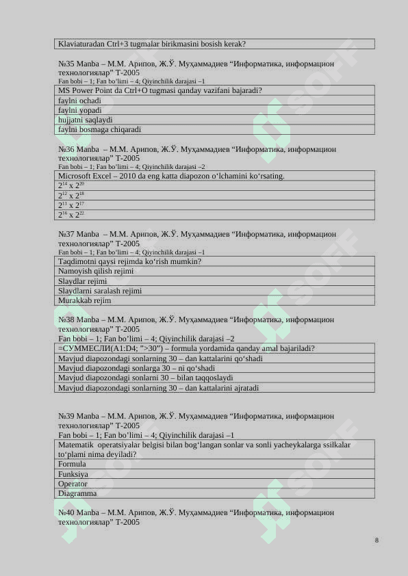 informatika-axborot texnologiyalari fanidan test 8