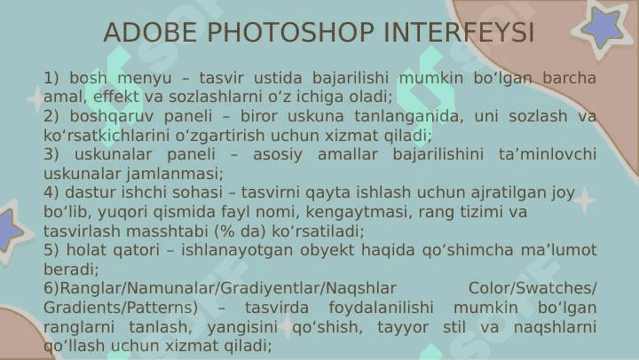 ADOBE PHOTOSHOP DASTURI INTERFEYSI VA USKUNALAR PANELI 5