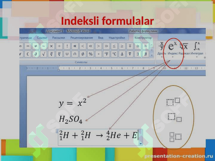 Matematik formula vabelgilarni joylashtirishMS Word 4