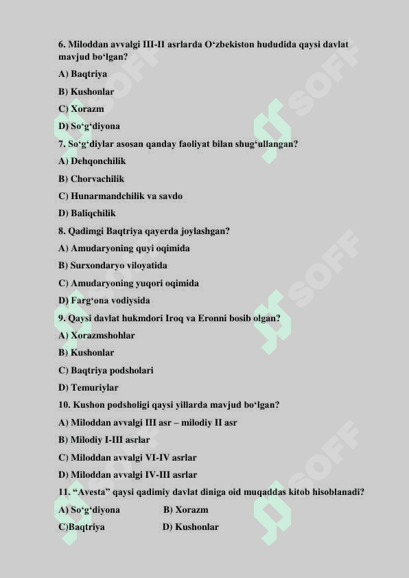 Tarix fanidan test savollari 2