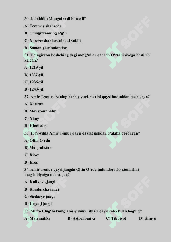 Tarix fanidan test savollari 6