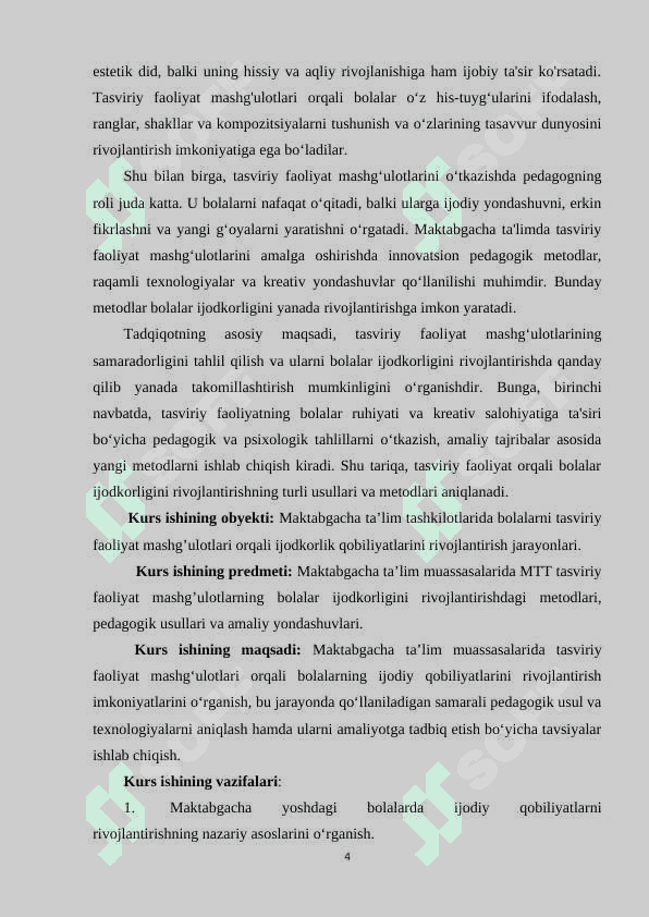 MTTda tasviriy faoliyat mashg’ulotlari orqali ijodkorligini rivojlantirish. 4