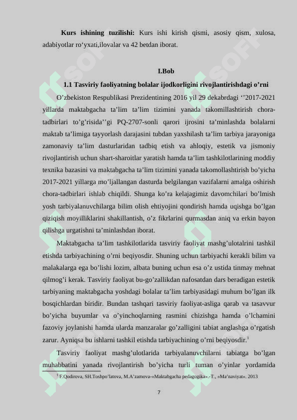 MTTda tasviriy faoliyat mashg’ulotlari orqali ijodkorligini rivojlantirish. 7