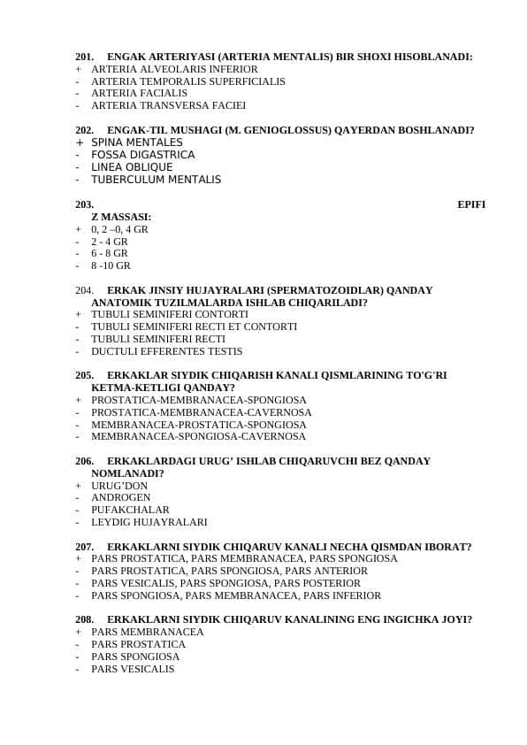 Davolash anatomiya 2-kurslar uchun test javoblari bilan 201-400