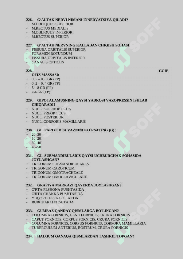 Davolash anatomiya 2-kurslar uchun test javoblari bilan 201-400 4