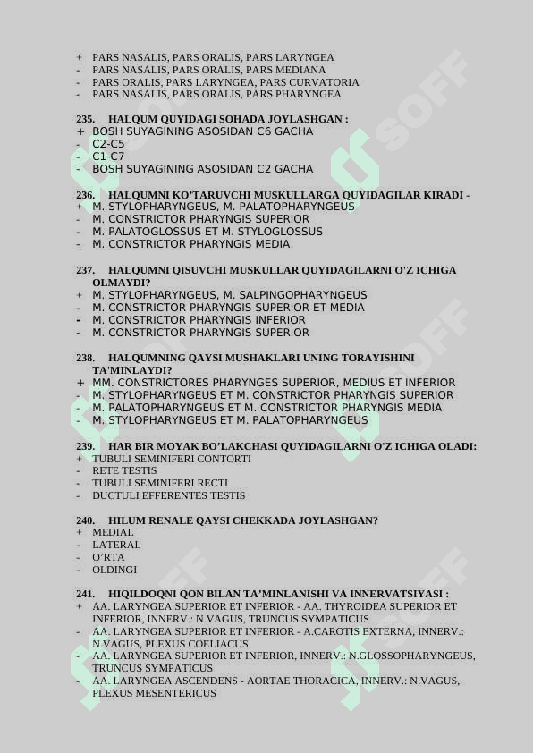 Davolash anatomiya 2-kurslar uchun test javoblari bilan 201-400 5