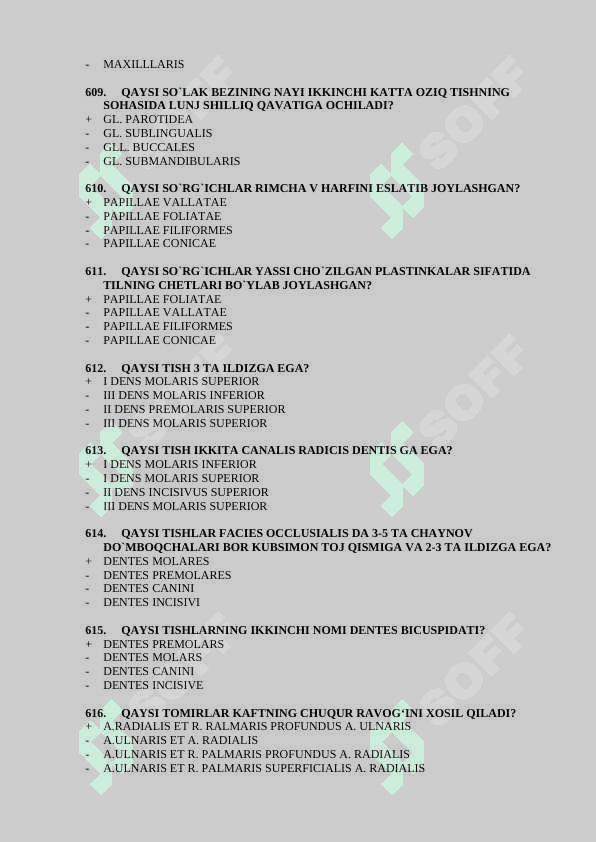 Davolash anatomiya 2-kurslar uchun test javoblari bilan 601-846 2