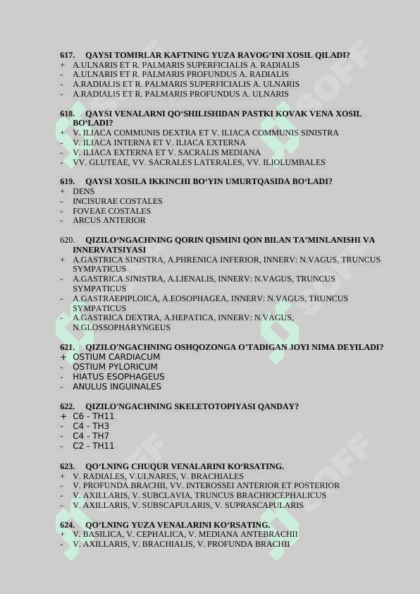 Davolash anatomiya 2-kurslar uchun test javoblari bilan 601-846 3