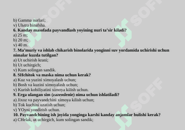 QO’LDA YOYLI PAYVANDLASH FANDAN TEST 3