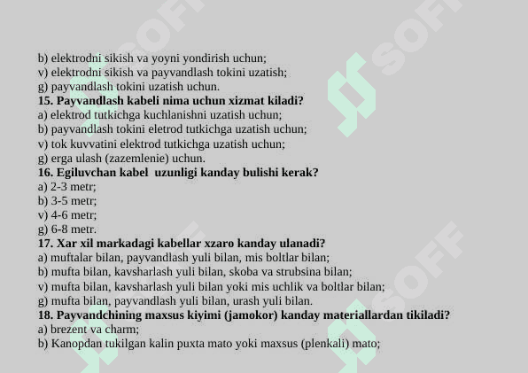 QO’LDA YOYLI PAYVANDLASH FANDAN TEST 5