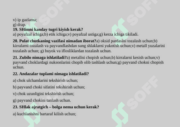 QO’LDA YOYLI PAYVANDLASH FANDAN TEST 6