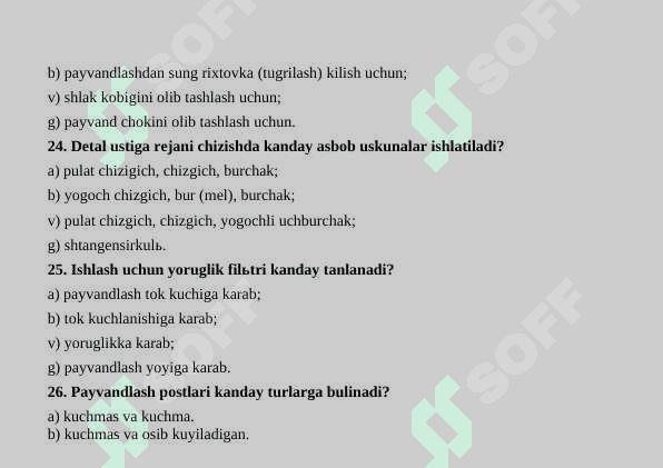 QO’LDA YOYLI PAYVANDLASH FANDAN TEST 7