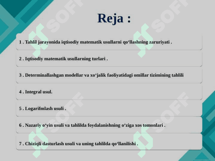 Iqtisodiy masalalarning maqbul yechimini aniqlashda matematik , dasturlash , o`yin nazariyasi va nazariy xizmat ko`rsatish usullarining qo`llanilishi 2
