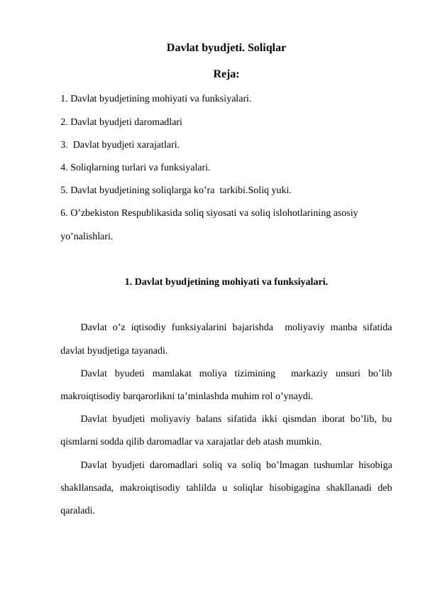 Davlat byudjeti. Soliqlar